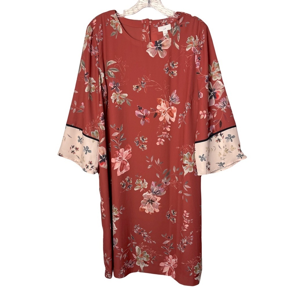 J. Jill Rust Floral Long Sleeve Shift Dress with Cream Cuff Trim